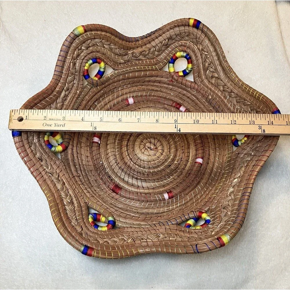 Hand Woven Multi-Colored Coiled Bowl Basket Rainbow Pride Cottage Core Kitchen